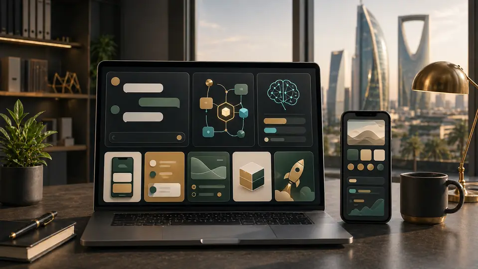 Top AI app development companies in Jordan and Saudi Arabia represented by AI product modules, automation nodes, and prototype screens