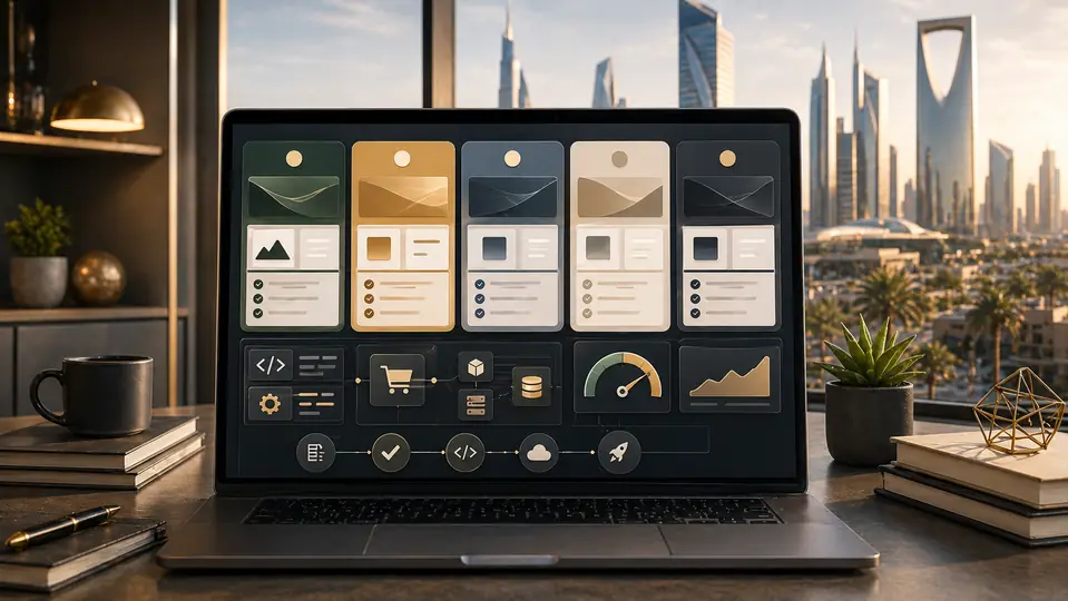 Best web development companies in Saudi Arabia represented by component blocks, performance modules, and deployment pipeline on a laptop