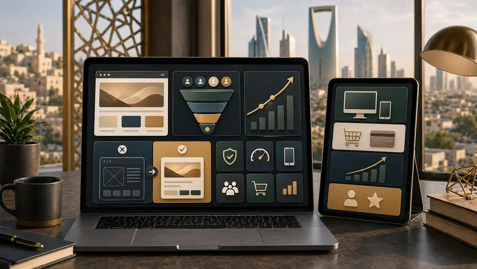 Professional web development ROI guide with performance, conversion funnel, revenue growth, and business outcome modules