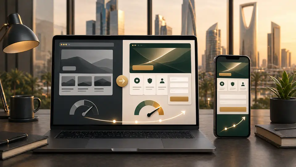 Riyadh website redesign case study with before-and-after site blocks, faster performance, and lead-generation path