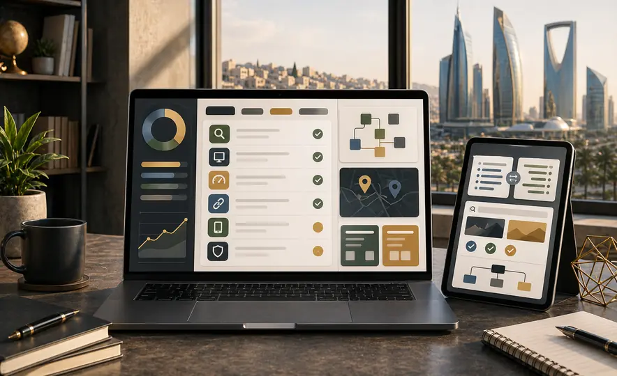 SEO audit checklist for Jordan and Saudi Arabia shown with technical, local, Arabic SEO, and site health modules on a laptop